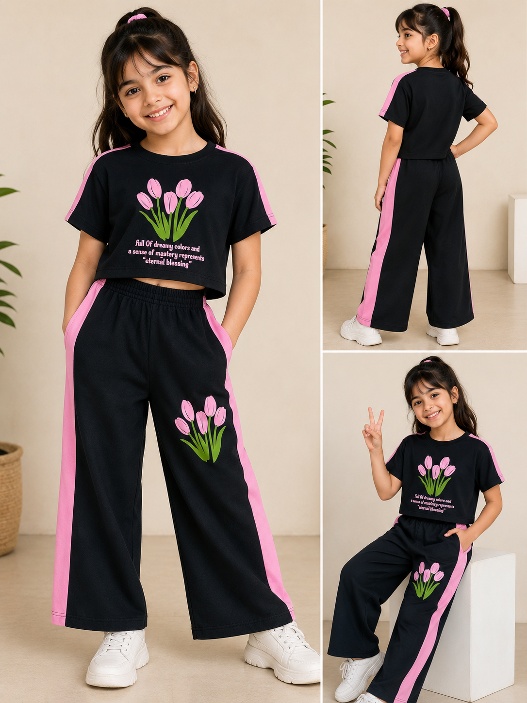 Black pink T-shirt & plazzo -Girls