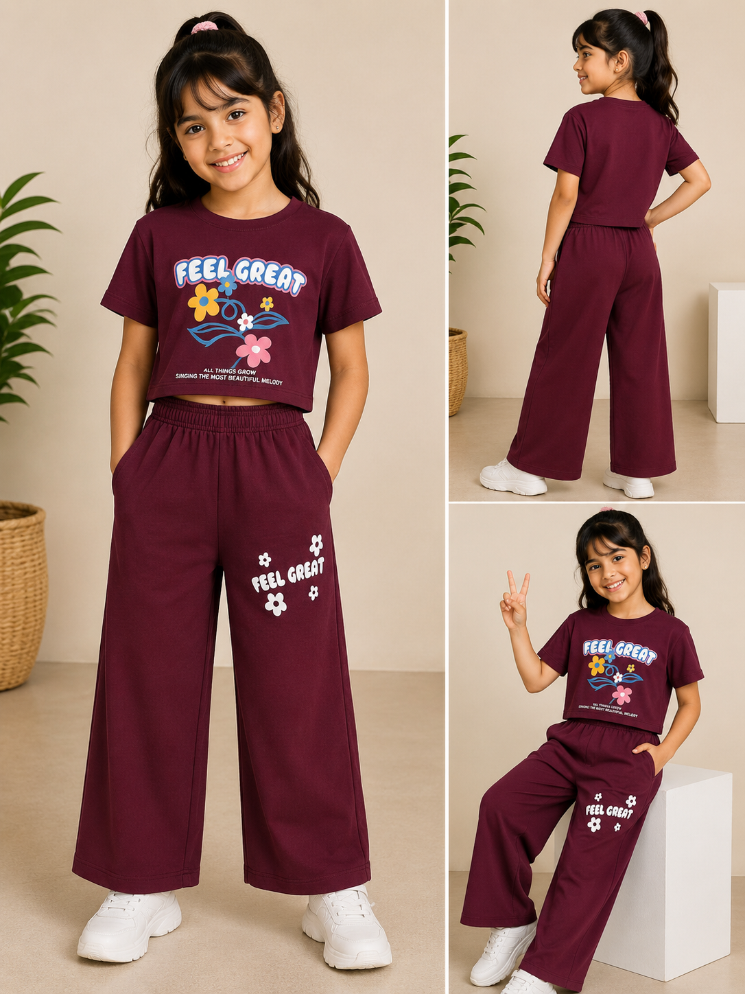 Maroon T-shirt & plazzo -Girls