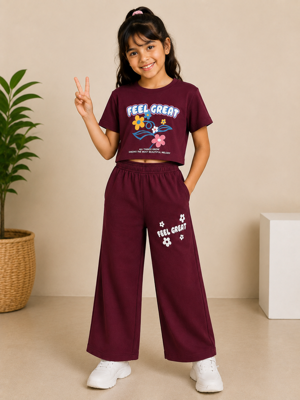 Maroon T-shirt & plazzo -Girls
