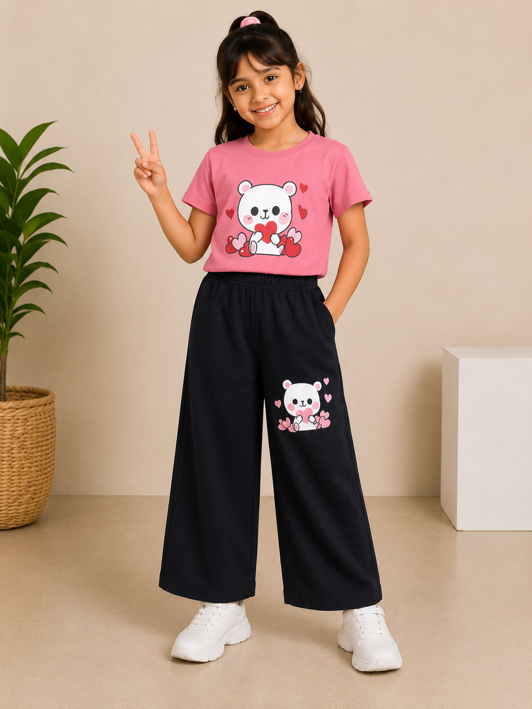 pink Black T-shirt & plazzo -Girls