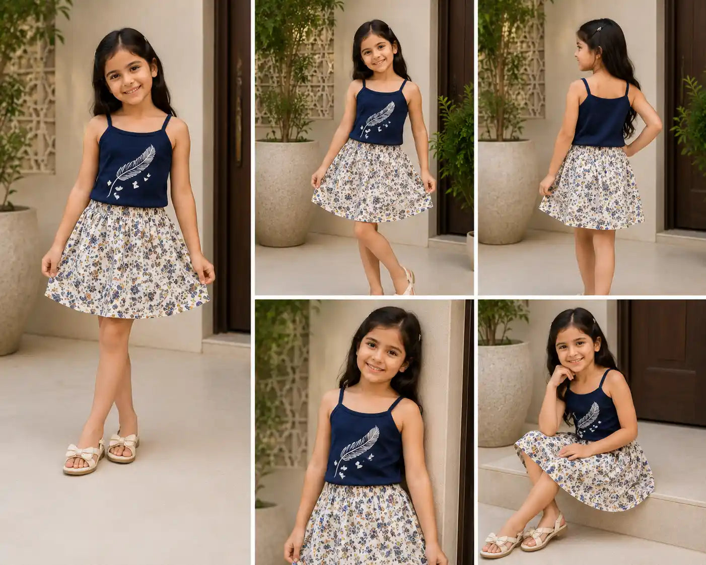 navy blue Cotton Skirt Set