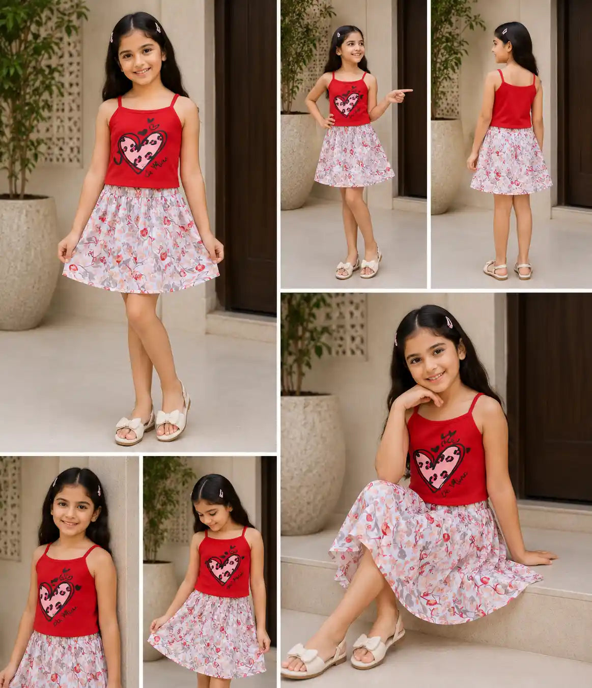 Red white Cotton Skirt Set