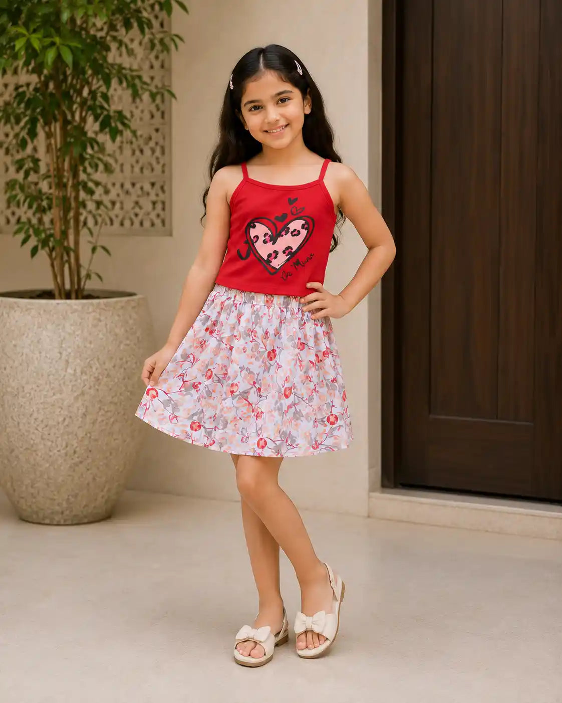 Red white Cotton Skirt Set