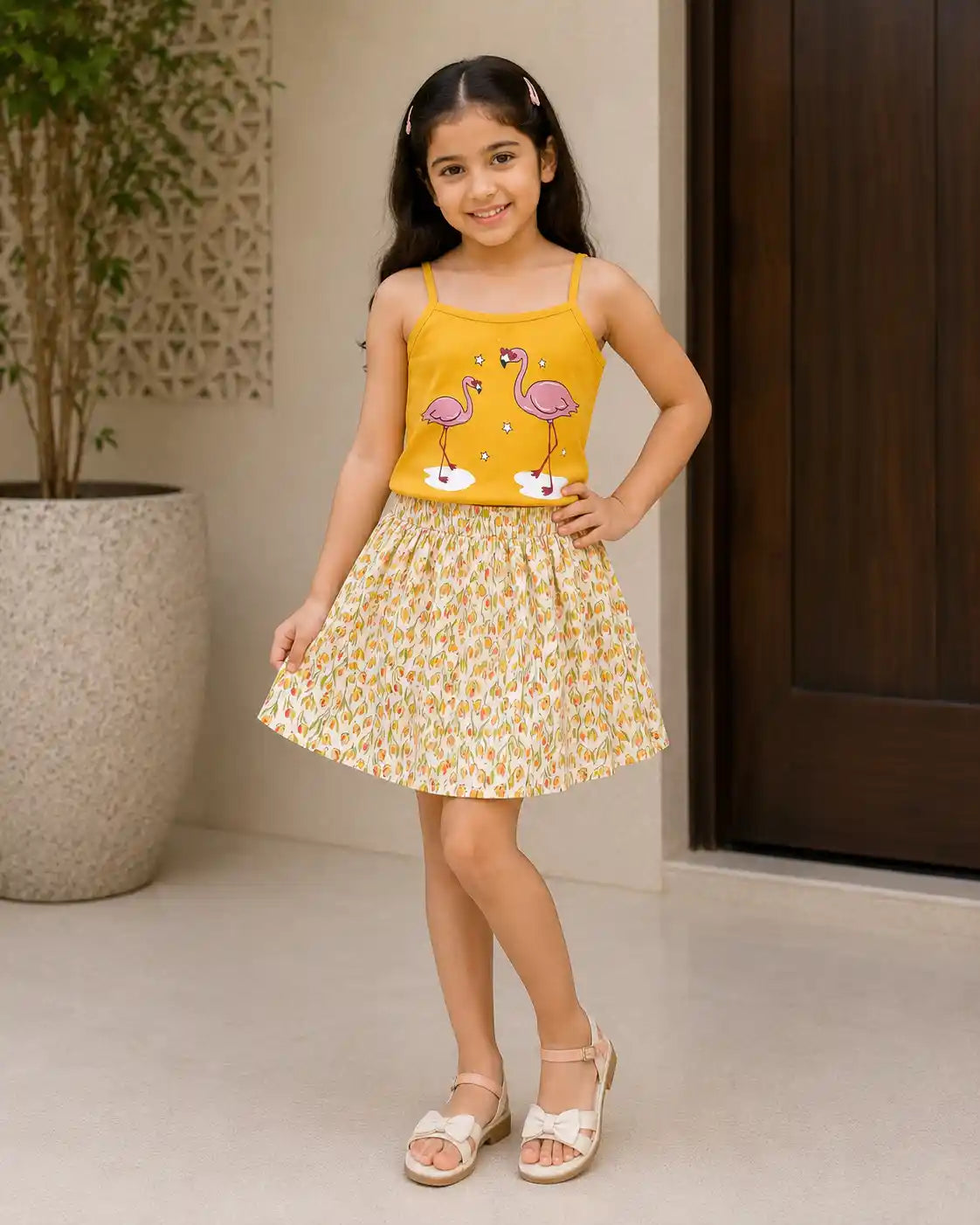 Yellow white Cotton Skirt Set