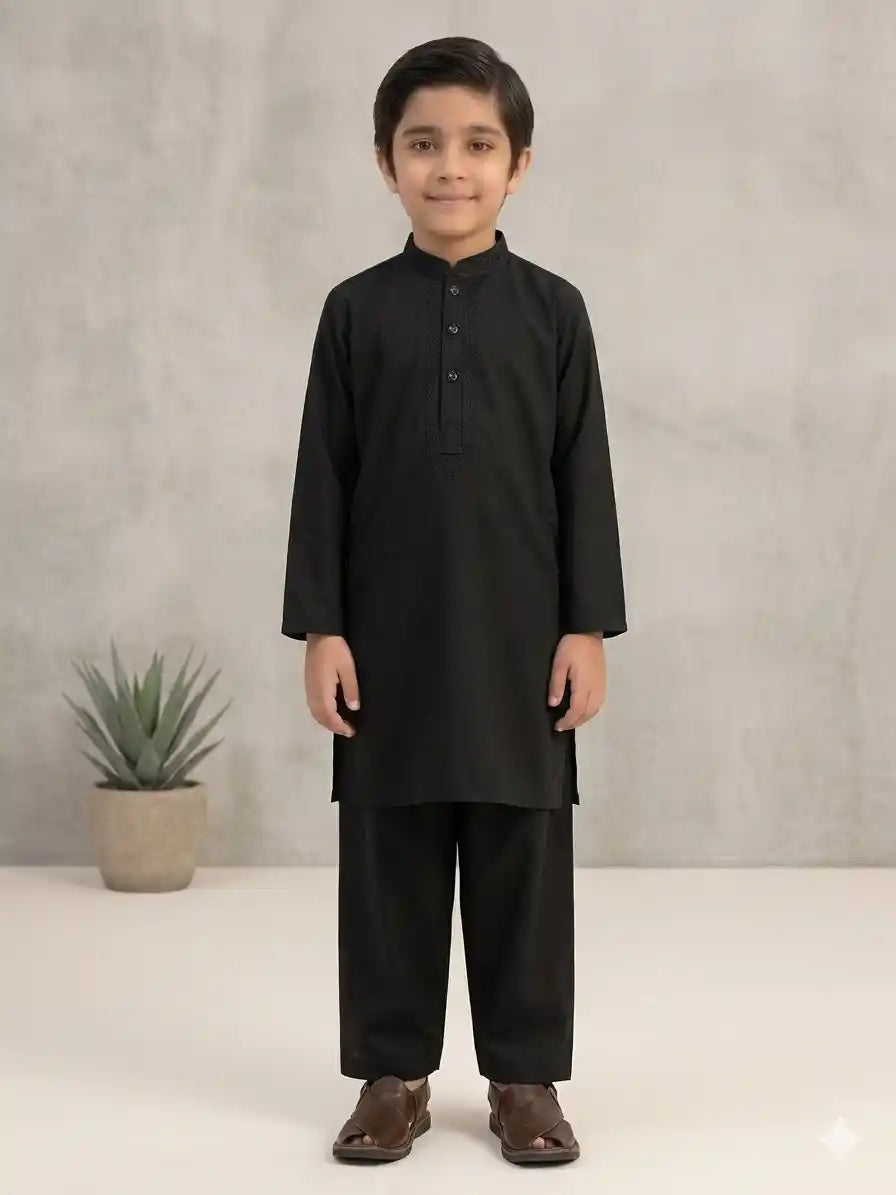 Boys Black Cotton Shalwar Kameez