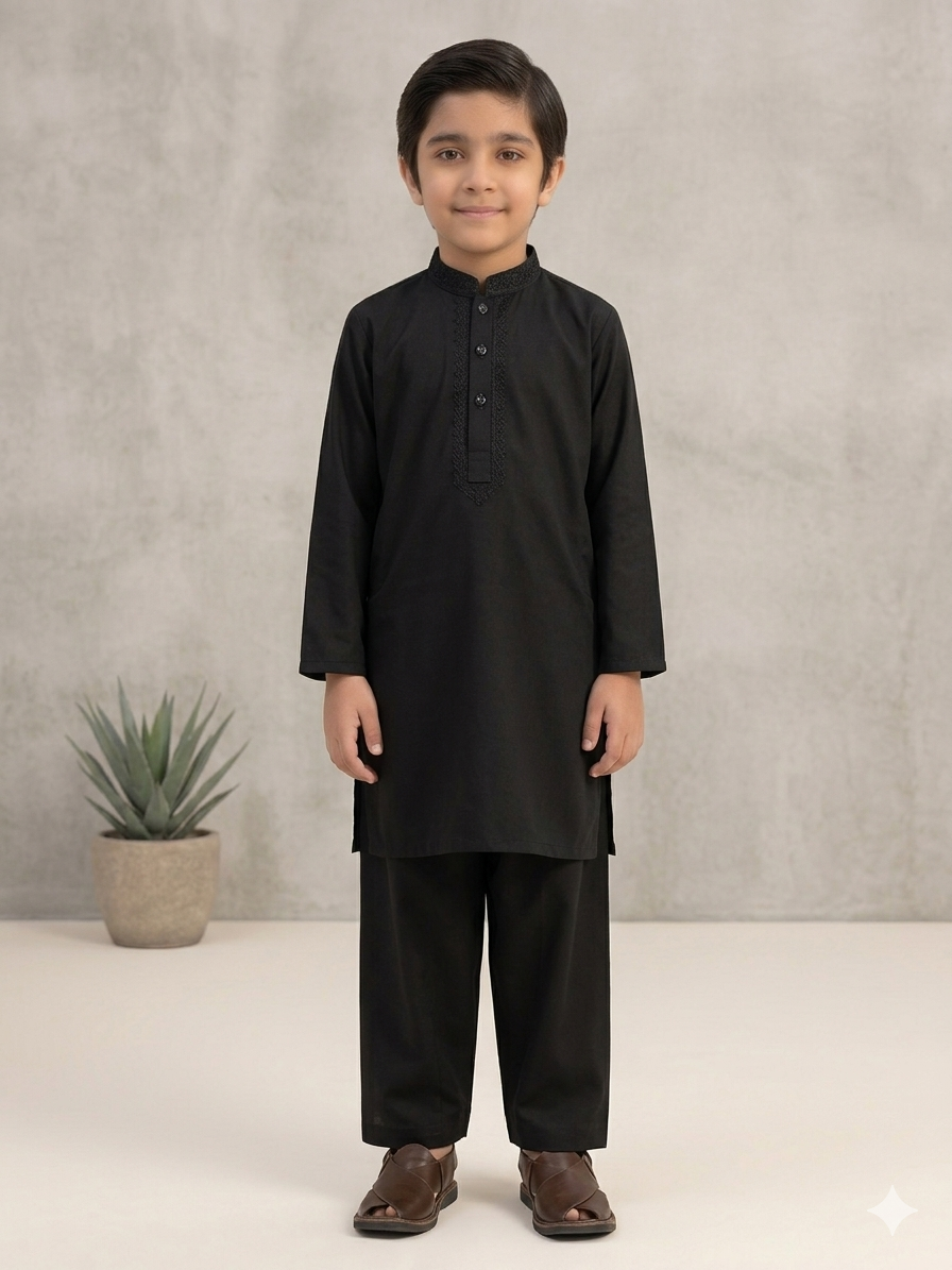 Boys Black Cotton Shalwar Kameez