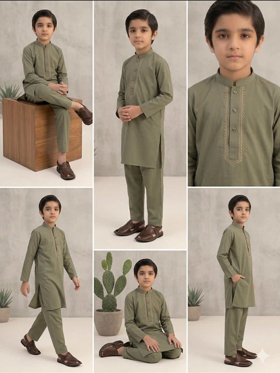 Boys Sage Green Cotton Shalwar Kameez