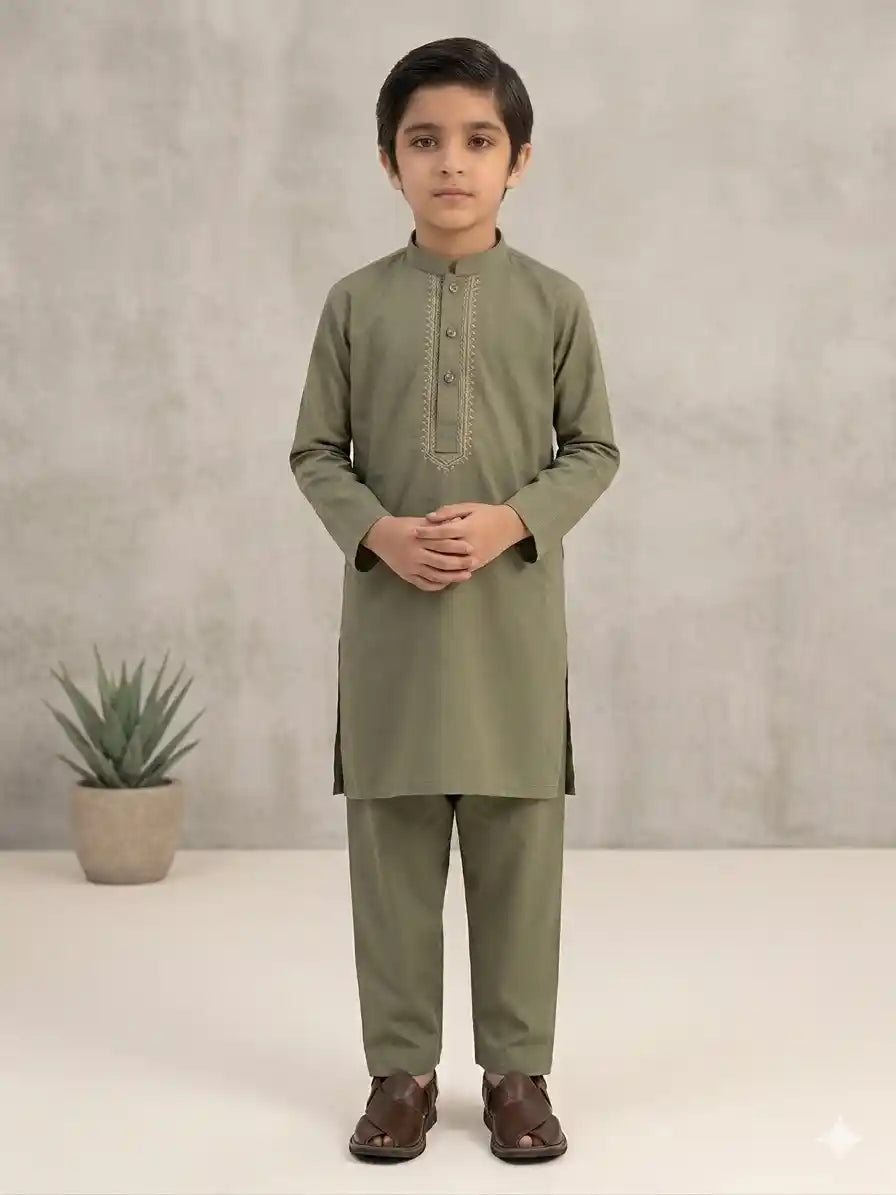 Boys Sage Green Cotton Shalwar Kameez