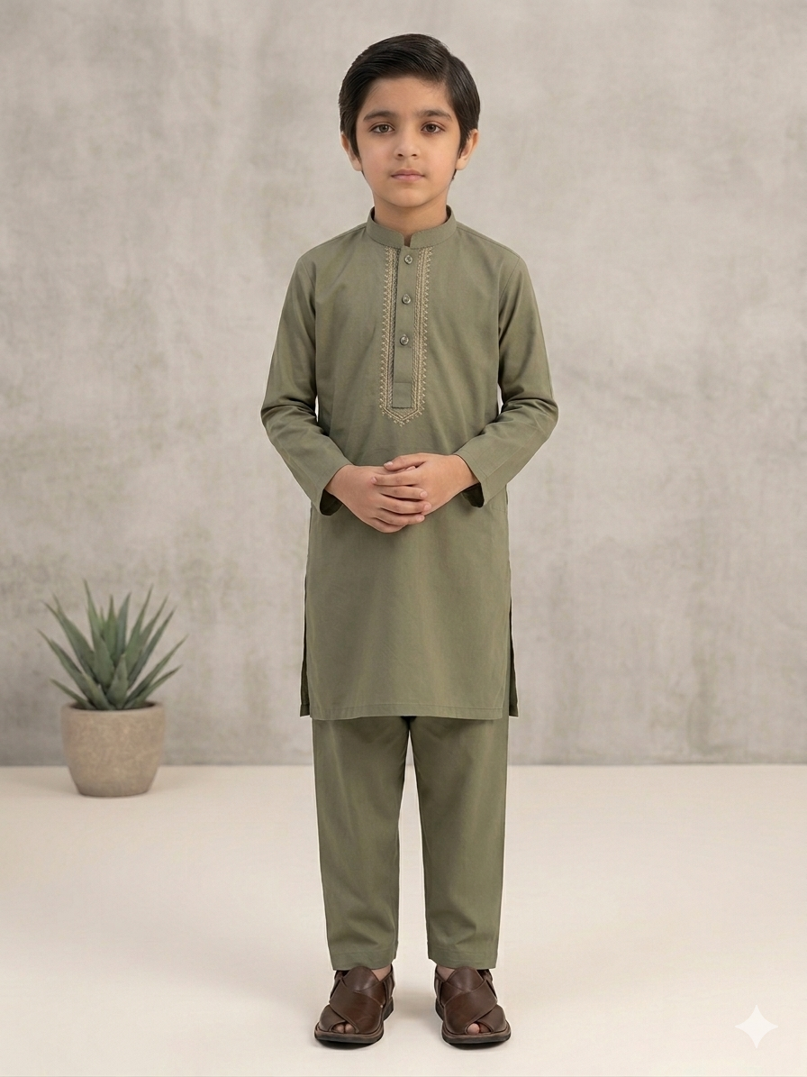 Boys Sage Green Cotton Shalwar Kameez