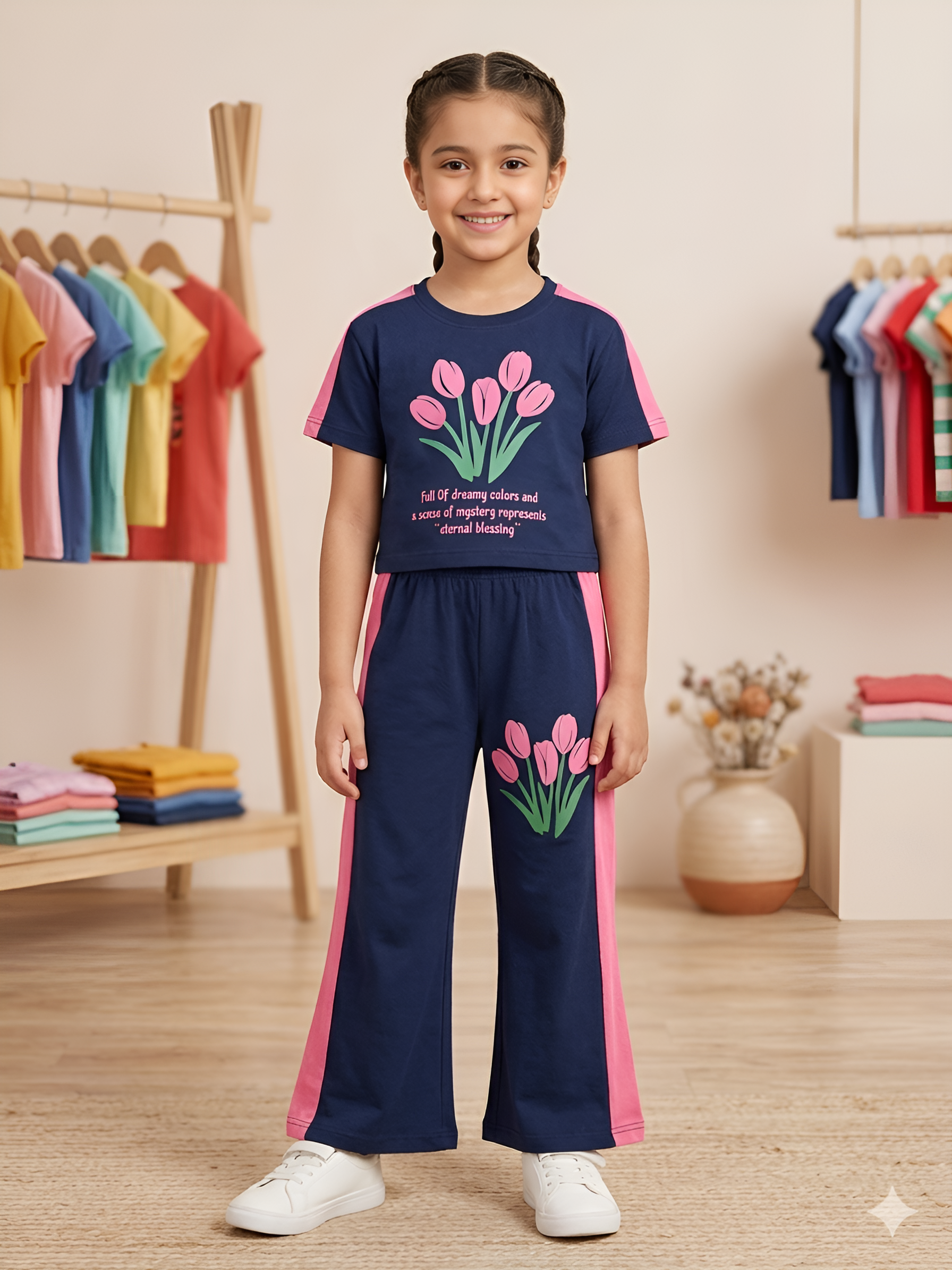 Navy blue T-shirt & plazzo -Girls