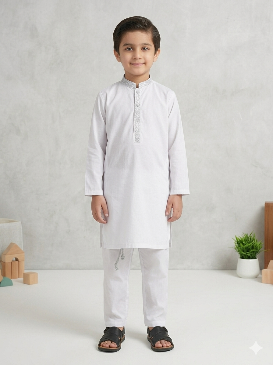 Boys White Cotton Shalwar Kameez