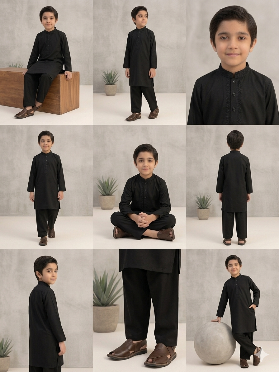 Boys Black Cotton Shalwar Kameez