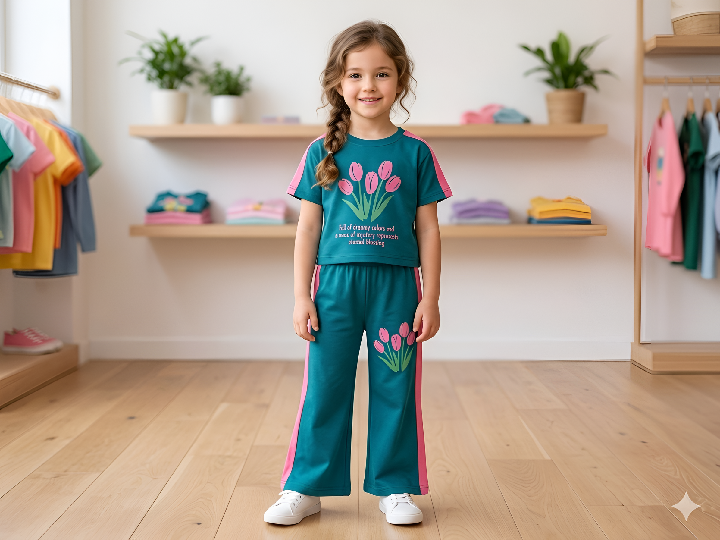 Green T-shirt & plazzo -Girls