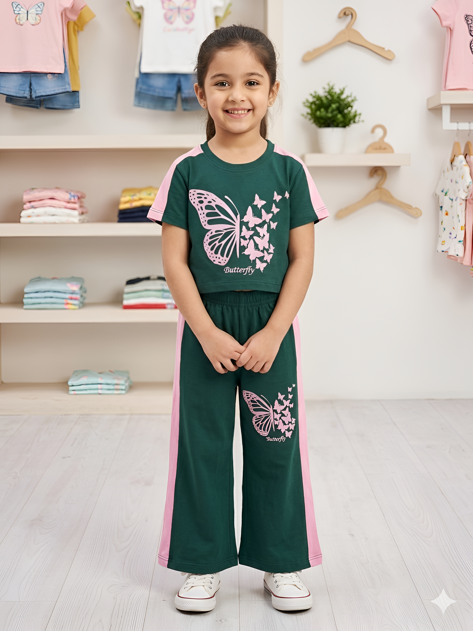 Green T-shirt & plazzo -Girls