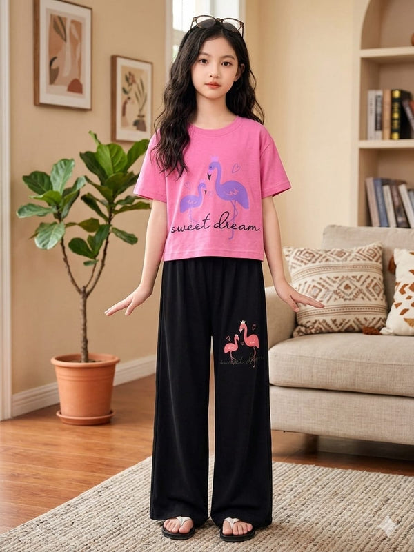 Flmingo Print baby pink Baggy Trouser Shirt -Girls