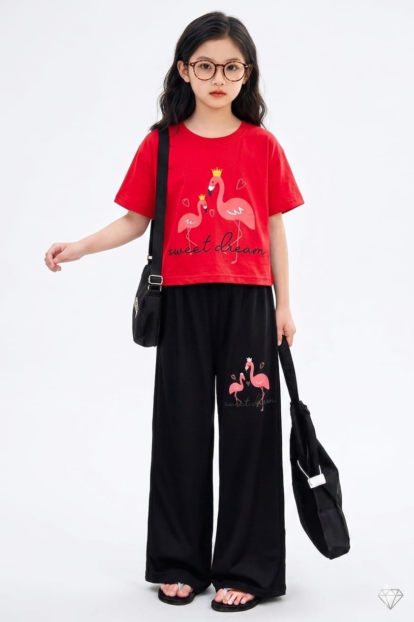 Flmingo Print baby pink Baggy Trouser Shirt -Girls