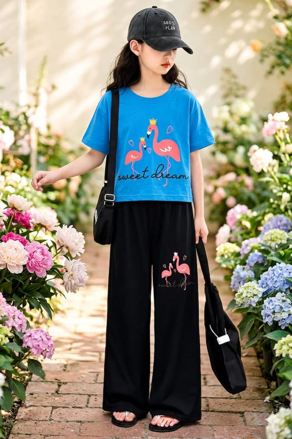 Flmingo Print Sky Baggy Trouser Shirt -Girls