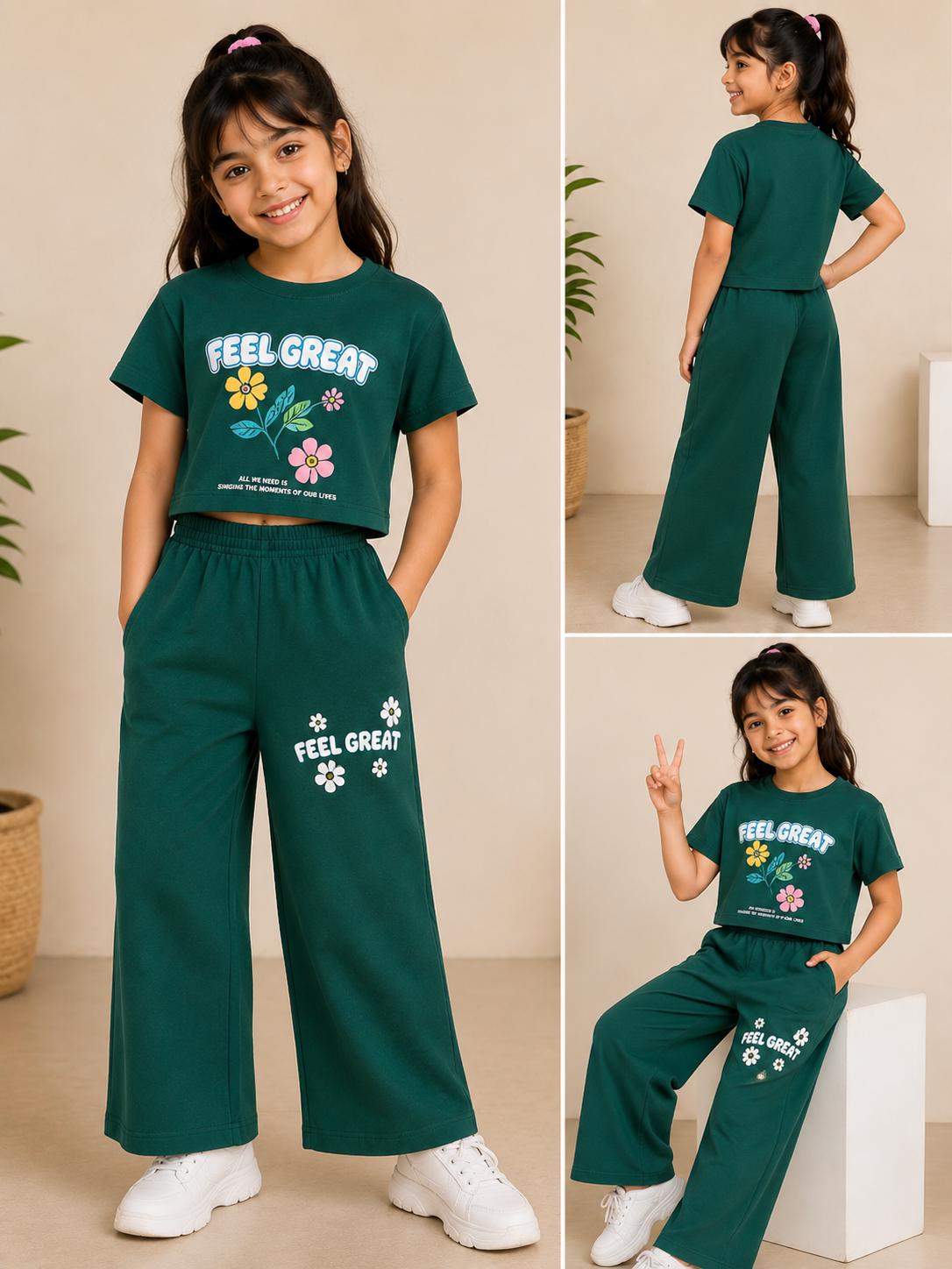 Green T-shirt & plazzo -Girls
