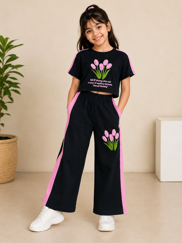 Black pink T-shirt & plazzo -Girls